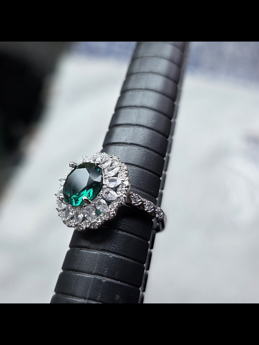 Emerald Green Halo Moissanite Ring